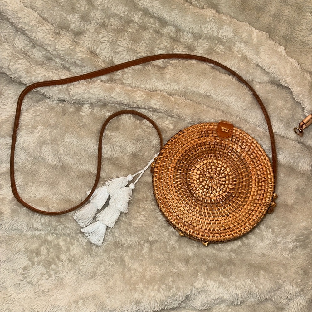 Woven Round Rattan Crossbody Bag with Tassel - Brown